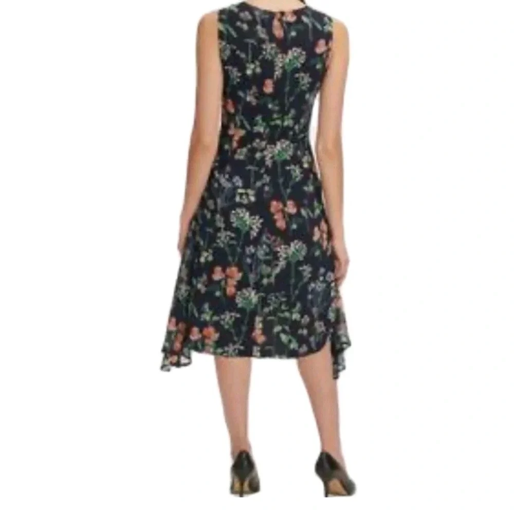 Tommy Hilfiger Women's Trapeze Dress Sz‎ 14 Navy Blue Floral Sleeveless Chiffon